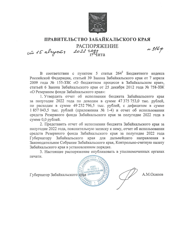 Распоряжение Правительства Забайкальского края от 15 августа 2022 года № 316-р «Об утверждении отчета об исполнении бюджета Забайкальского края за полугодие 2022 года»