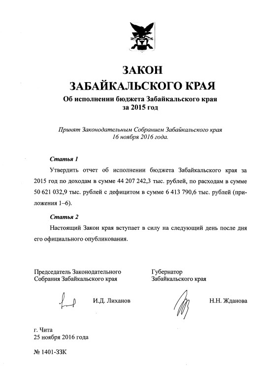 Закон № 1401-ЗЗК "Об исполнении бюджета Забайкальского края за 2015 год"
