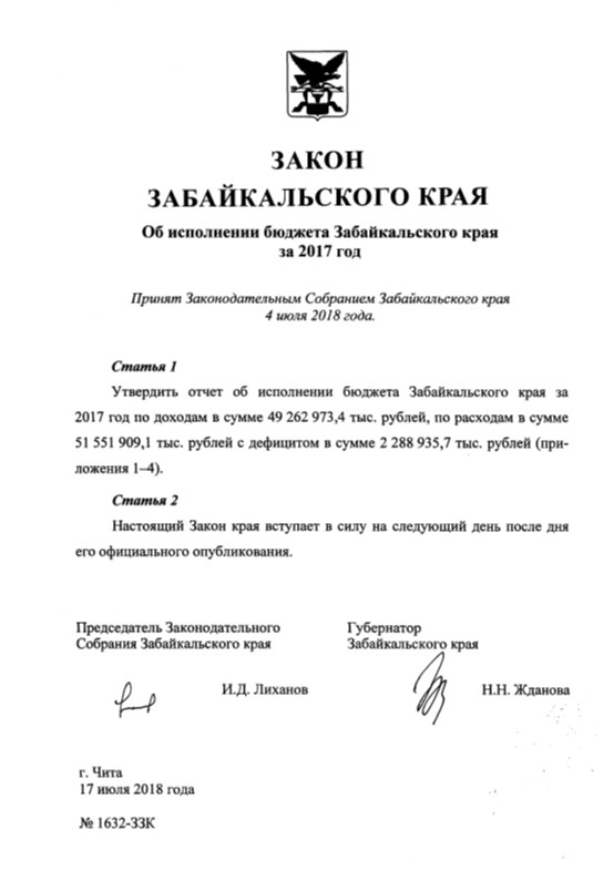 Закон 1632-ЗЗК "Об исполнении бюджета Забайкальского края за 2017 год"